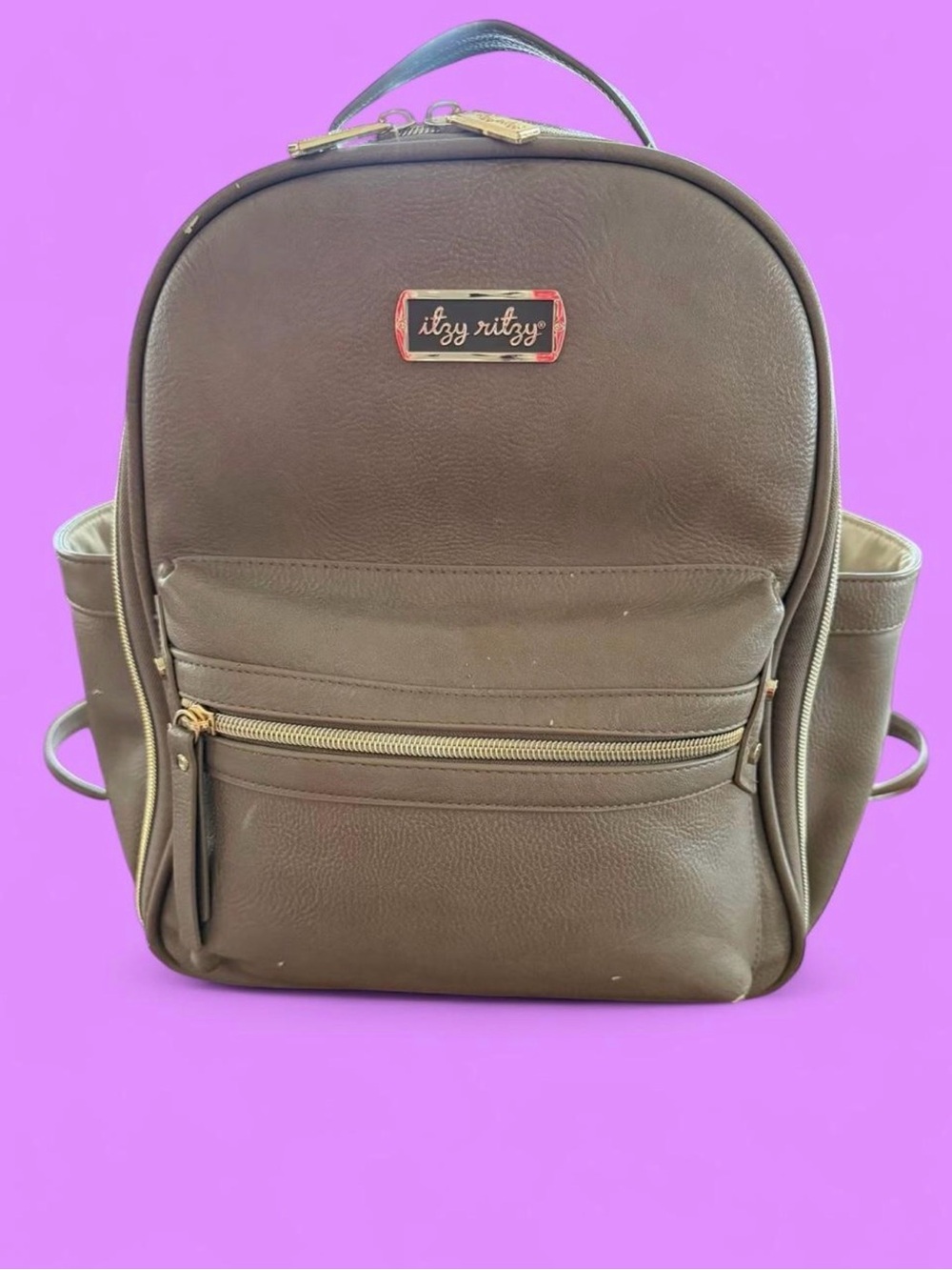 Itzy Ritzy Taupe Faux Leather Bag with Gold Nameplate